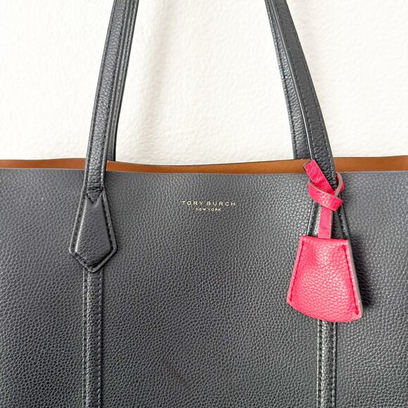 TORY BURCH | Perry 3 Compartment Tote Black Tan Interior Red Logo Charm Gold - Picture 4 of 15